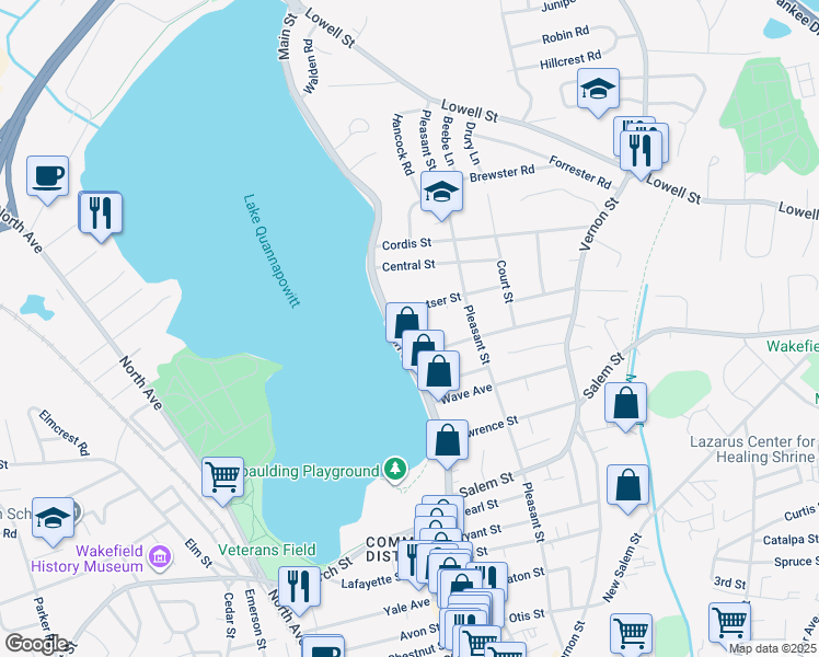 map of restaurants, bars, coffee shops, grocery stores, and more near 200 Main Street in Wakefield