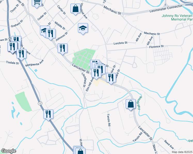 map of restaurants, bars, coffee shops, grocery stores, and more near 439 Lancaster Street in Leominster