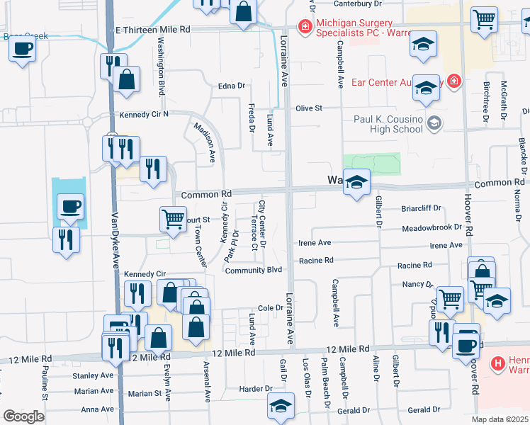 map of restaurants, bars, coffee shops, grocery stores, and more near 29901 Lorraine Avenue in Warren