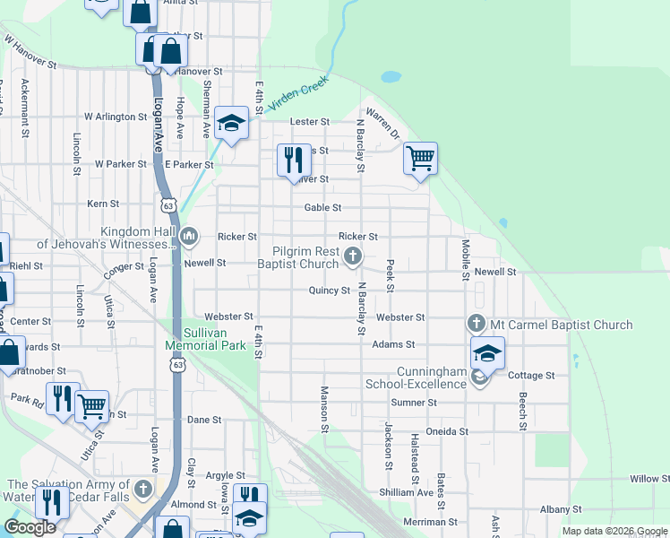 map of restaurants, bars, coffee shops, grocery stores, and more near 402 Newell Street in Waterloo