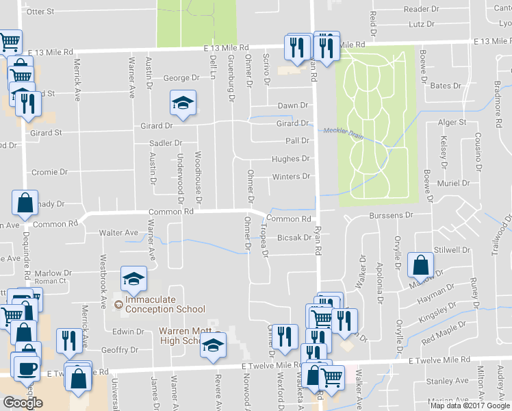 map of restaurants, bars, coffee shops, grocery stores, and more near 30006 Ohmer Drive in Warren
