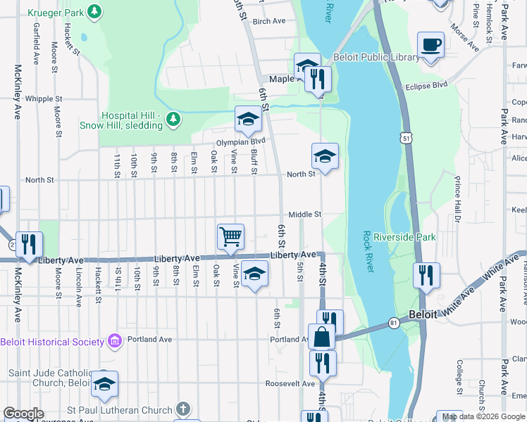 map of restaurants, bars, coffee shops, grocery stores, and more near 259 Middle Street in Beloit