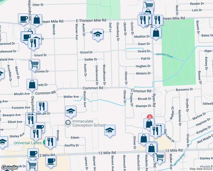 map of restaurants, bars, coffee shops, grocery stores, and more near 30010 Woodhouse Drive in Warren