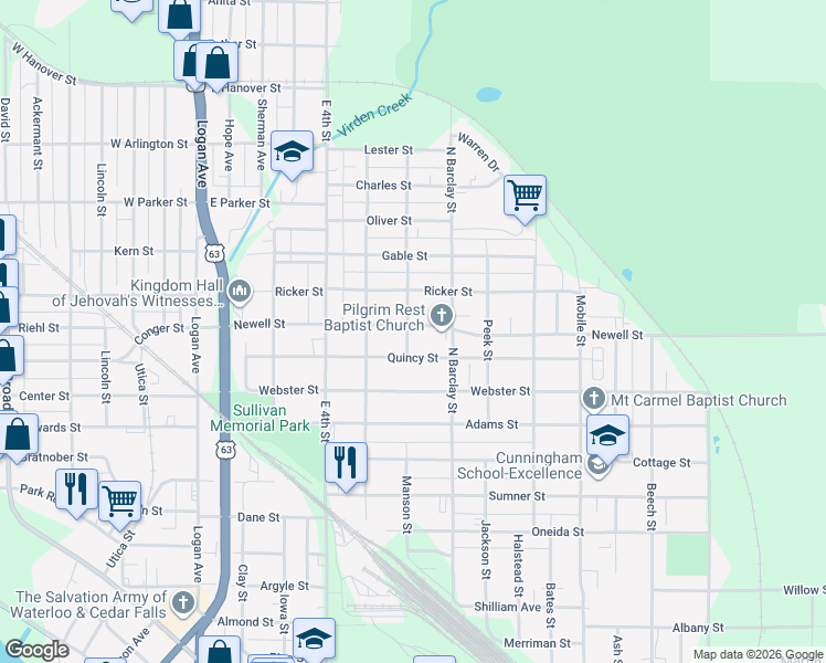 map of restaurants, bars, coffee shops, grocery stores, and more near 402 Newell Street in Waterloo