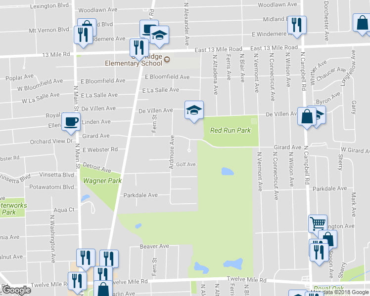 map of restaurants, bars, coffee shops, grocery stores, and more near 2615 Lauren Court in Royal Oak