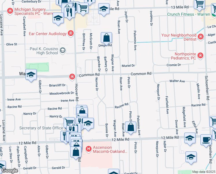 map of restaurants, bars, coffee shops, grocery stores, and more near 29750 Bonnie Drive in Warren