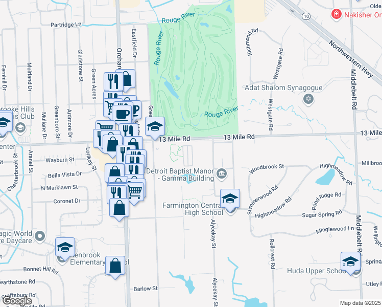 map of restaurants, bars, coffee shops, grocery stores, and more near 29387 Glen Oaks Boulevard East in Farmington Hills