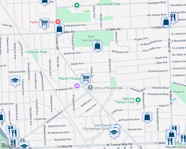 map of restaurants, bars, coffee shops, grocery stores, and more near 1137 Hickory Avenue in Royal Oak
