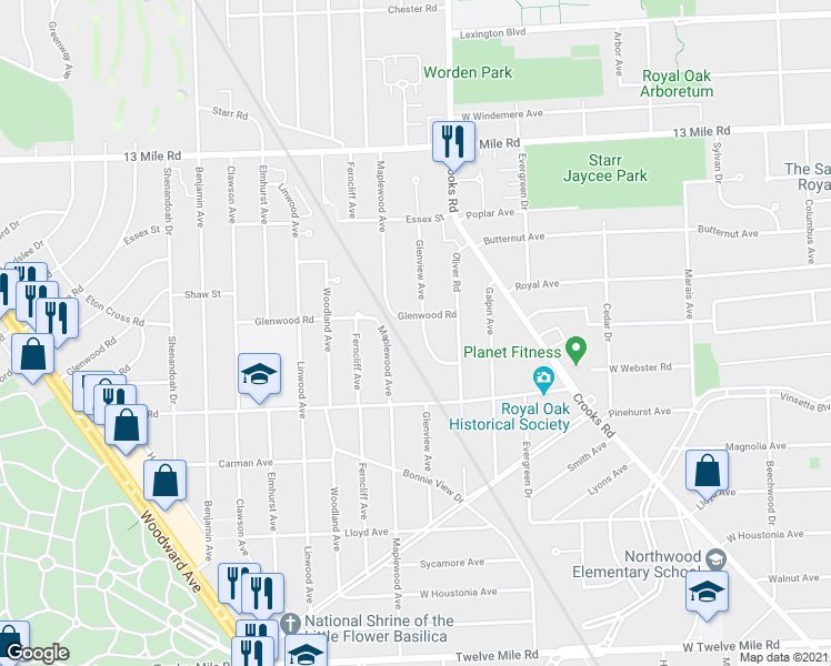map of restaurants, bars, coffee shops, grocery stores, and more near 2717 Glenview Avenue in Royal Oak