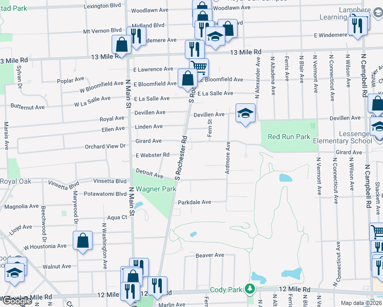 map of restaurants, bars, coffee shops, grocery stores, and more near 2604 Rochester Road in Royal Oak