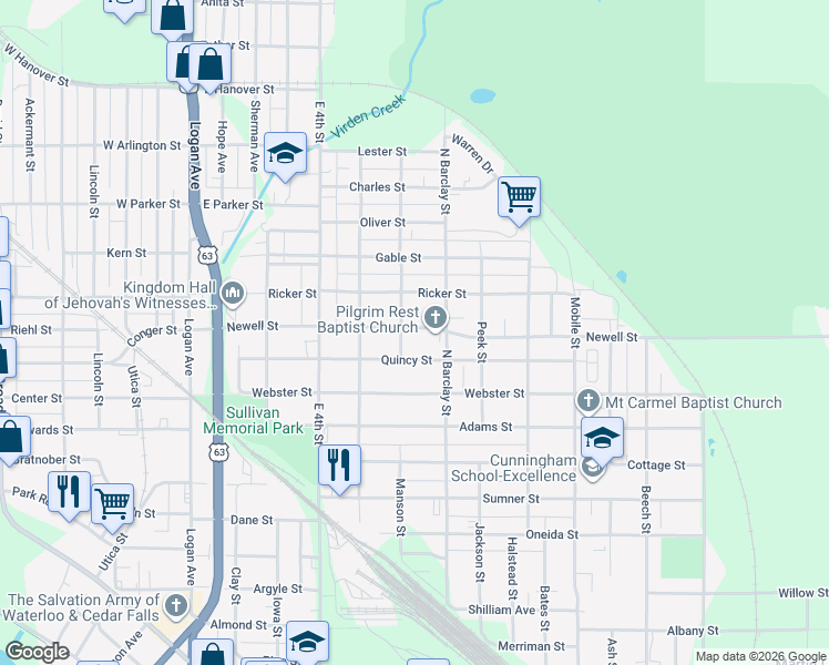 map of restaurants, bars, coffee shops, grocery stores, and more near 402 Newell Street in Waterloo