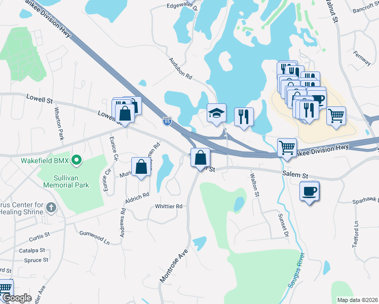 map of restaurants, bars, coffee shops, grocery stores, and more near 411 Salem Street in Wakefield