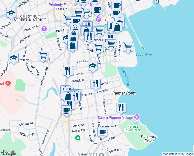 map of restaurants, bars, coffee shops, grocery stores, and more near 5 Saltonstall Parkway in Salem