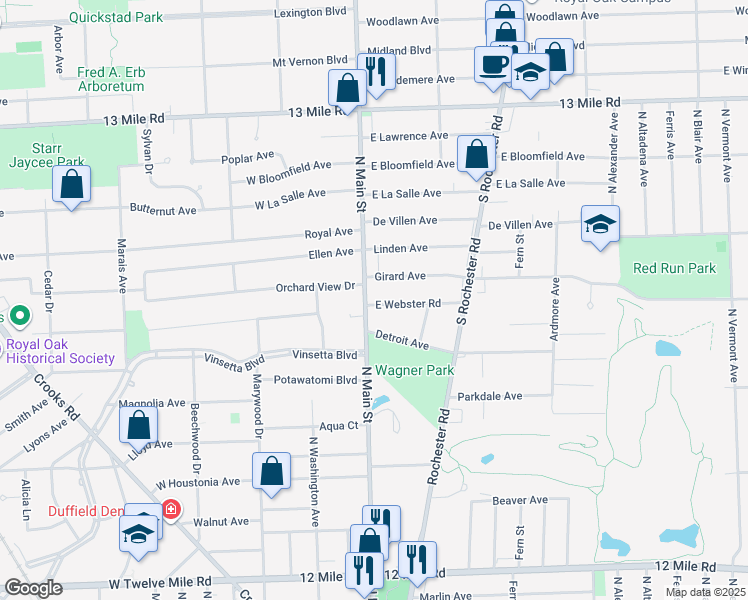 map of restaurants, bars, coffee shops, grocery stores, and more near 2600 North Main Street in Royal Oak