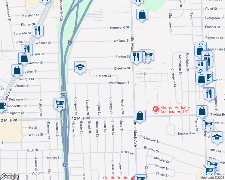 map of restaurants, bars, coffee shops, grocery stores, and more near 29290 Coolidge St in Roseville