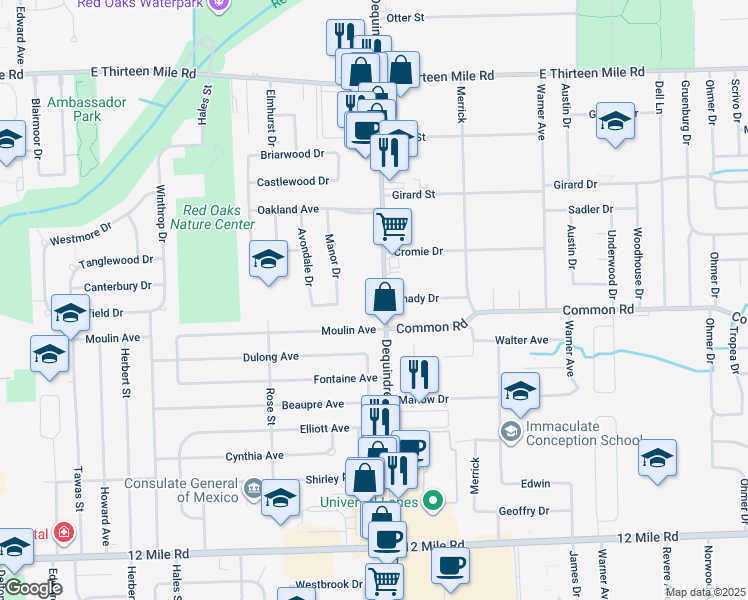 map of restaurants, bars, coffee shops, grocery stores, and more near 30031 Dequindre Road in Madison Heights
