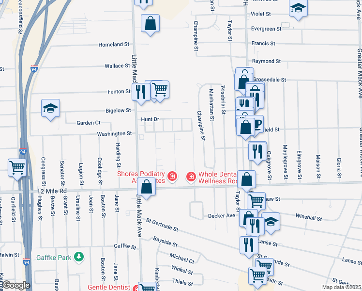 map of restaurants, bars, coffee shops, grocery stores, and more near 29302 Rymal Street in Roseville
