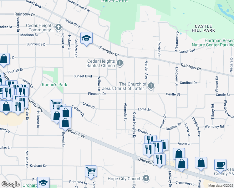 map of restaurants, bars, coffee shops, grocery stores, and more near 2701 Pleasant Drive in Cedar Falls