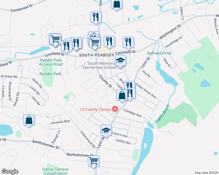 map of restaurants, bars, coffee shops, grocery stores, and more near 32 County Street in Peabody