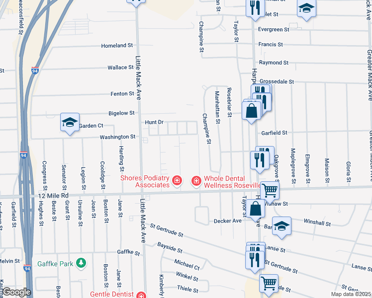 map of restaurants, bars, coffee shops, grocery stores, and more near 29302 Rymal Street in Roseville