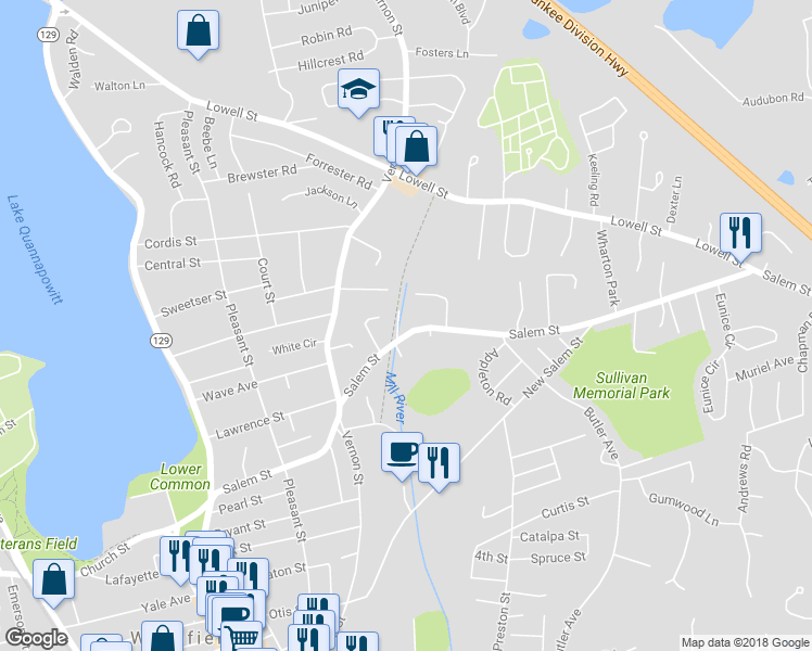 map of restaurants, bars, coffee shops, grocery stores, and more near 143 Salem Street in Wakefield