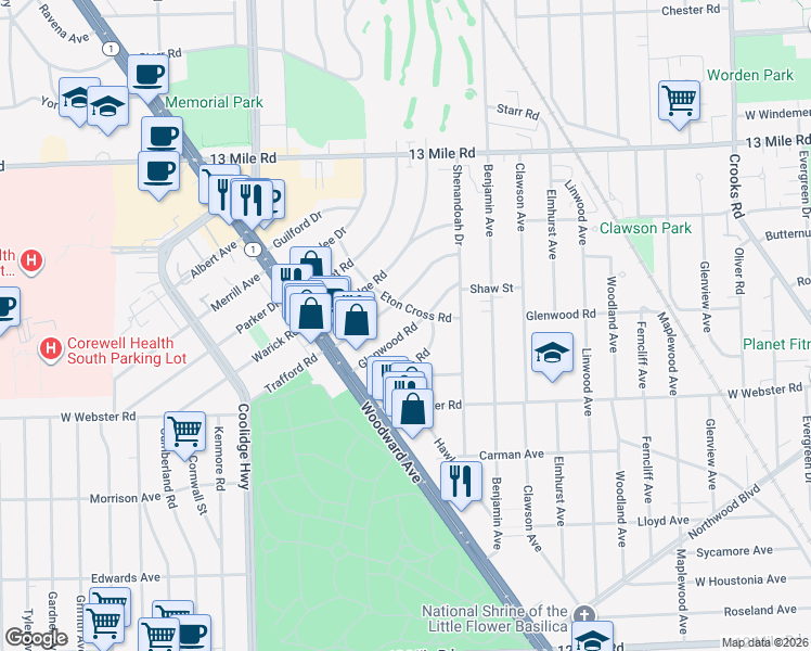 map of restaurants, bars, coffee shops, grocery stores, and more near 2716 Glenwood Road in Royal Oak