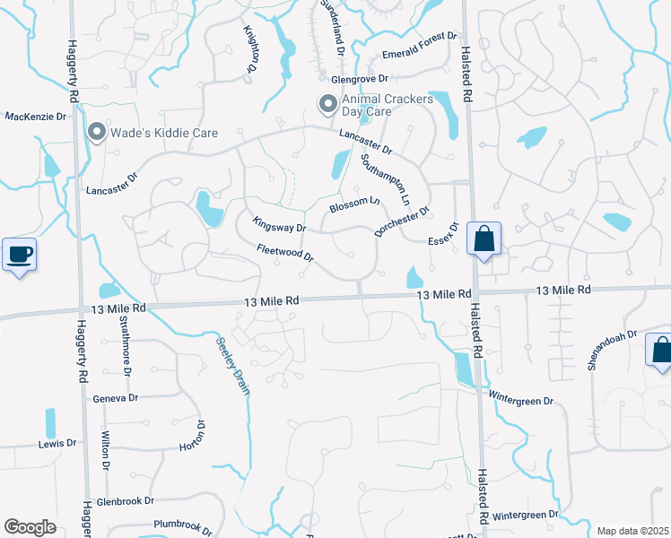 map of restaurants, bars, coffee shops, grocery stores, and more near 37649 Dorchester Drive in Farmington Hills