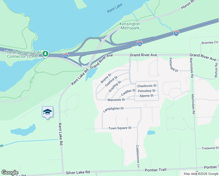 map of restaurants, bars, coffee shops, grocery stores, and more near 263-275 Grayling St in Lyon Township