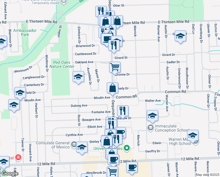 map of restaurants, bars, coffee shops, grocery stores, and more near 30031 Dequindre Road in Madison Heights