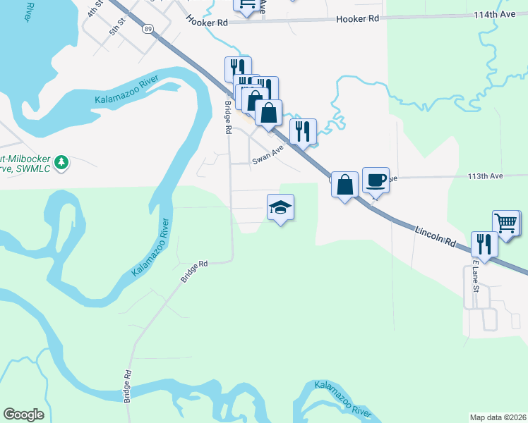 map of restaurants, bars, coffee shops, grocery stores, and more near 2977 Oaktree Lane in Allegan