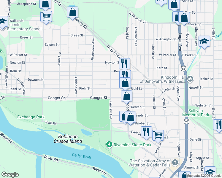 map of restaurants, bars, coffee shops, grocery stores, and more near 798 Fairview Avenue in Waterloo