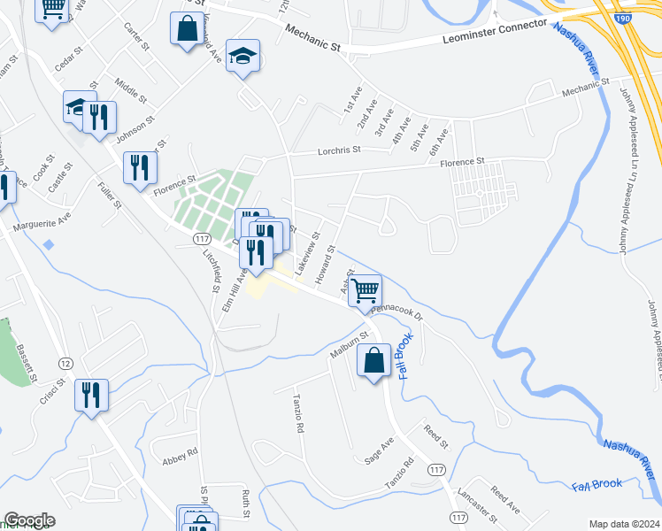 map of restaurants, bars, coffee shops, grocery stores, and more near 31 Howard Street in Leominster