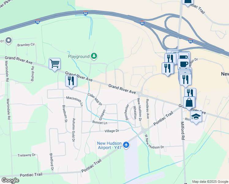 map of restaurants, bars, coffee shops, grocery stores, and more near 57889 Grand River Avenue in New Hudson