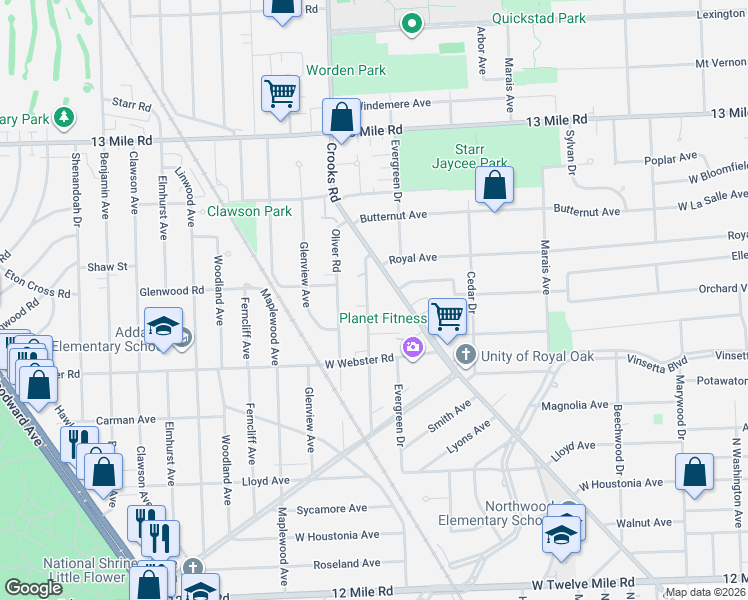 map of restaurants, bars, coffee shops, grocery stores, and more near 2710 Galpin Avenue in Royal Oak