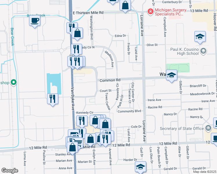map of restaurants, bars, coffee shops, grocery stores, and more near 8300 Common Road in Warren