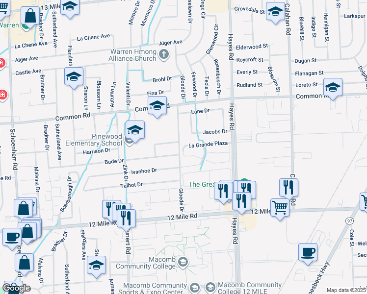 map of restaurants, bars, coffee shops, grocery stores, and more near 14874 La Grande Plaza in Warren