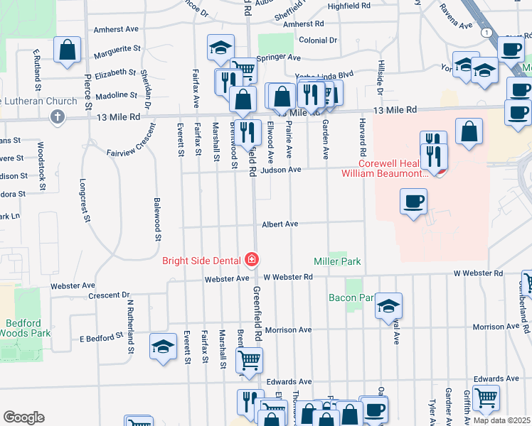 map of restaurants, bars, coffee shops, grocery stores, and more near 3210 Greenfield Road in Royal Oak