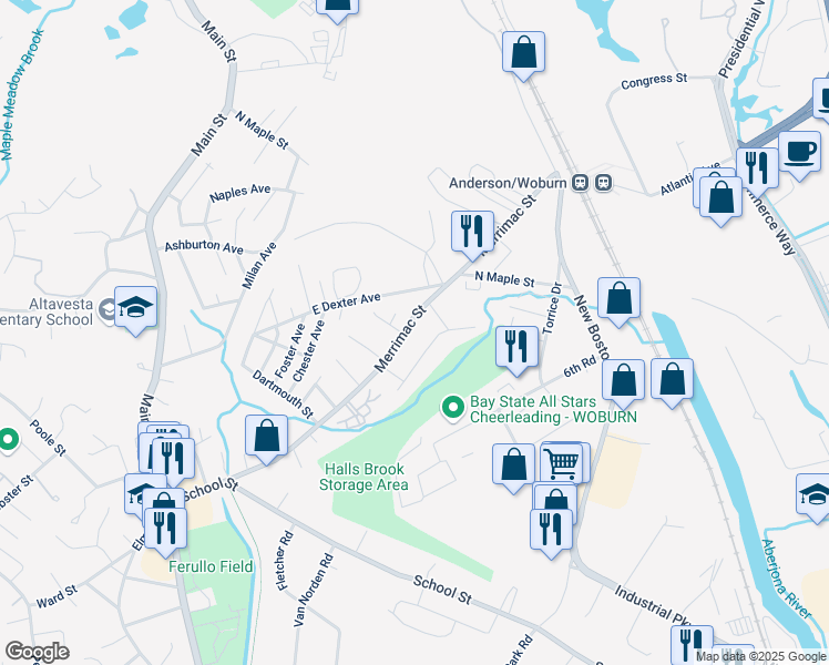 map of restaurants, bars, coffee shops, grocery stores, and more near 85 Merrimac Street in Woburn