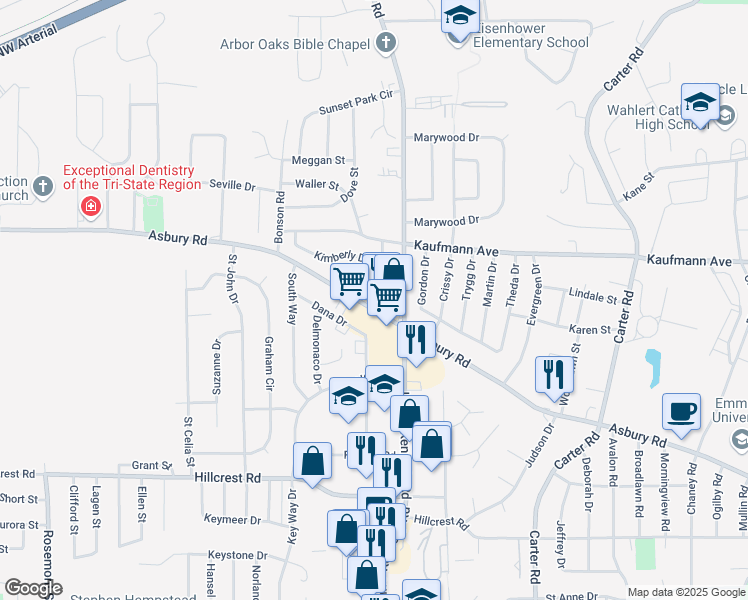 map of restaurants, bars, coffee shops, grocery stores, and more near 3350 Asbury Road in Dubuque