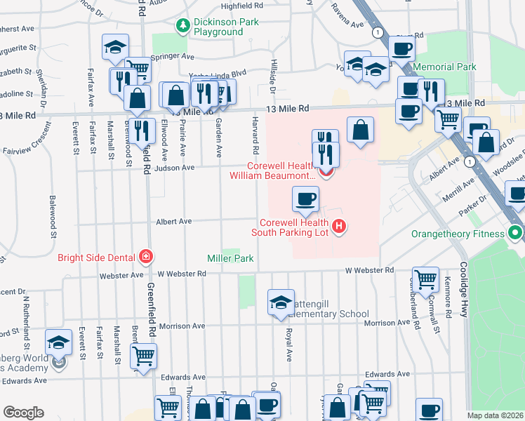 map of restaurants, bars, coffee shops, grocery stores, and more near 3210 Harvard Road in Royal Oak