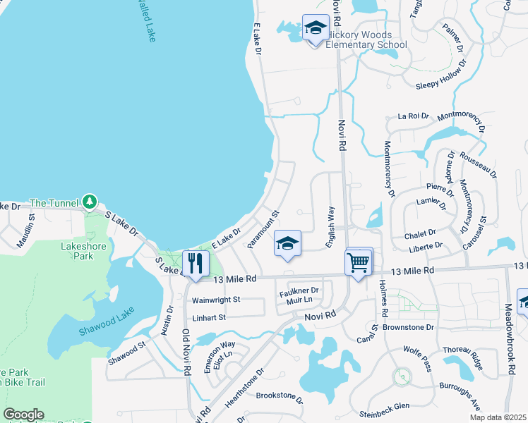 map of restaurants, bars, coffee shops, grocery stores, and more near 1603 East Lake Drive in Novi