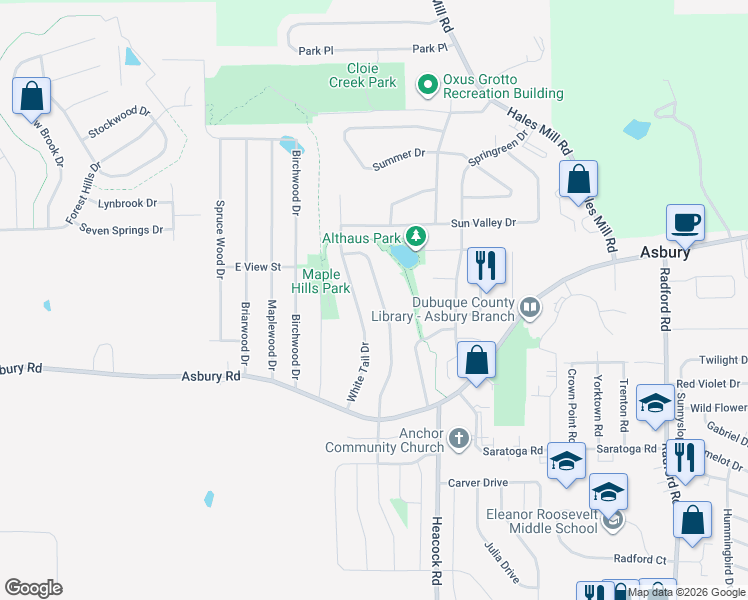 map of restaurants, bars, coffee shops, grocery stores, and more near 2407 Antler Ridge Drive in Asbury