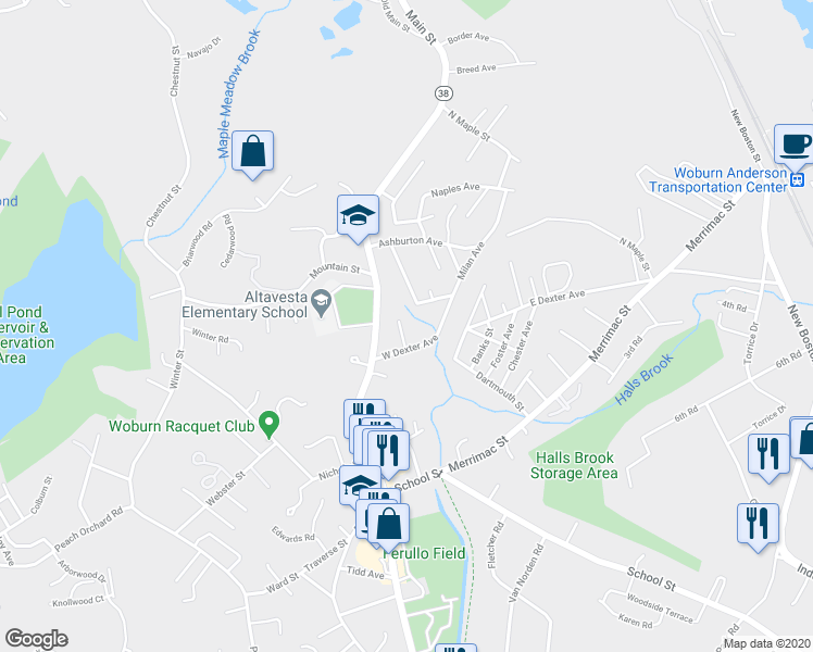 map of restaurants, bars, coffee shops, grocery stores, and more near 4 East Dexter Avenue in Woburn