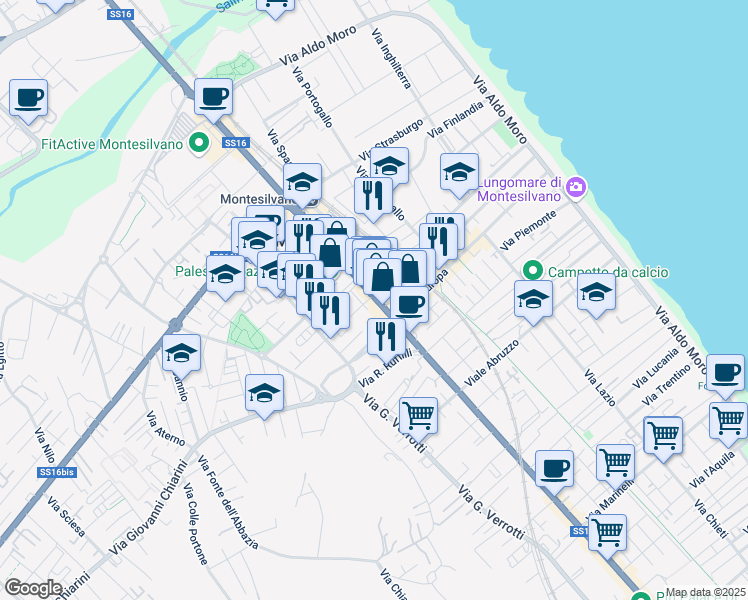 map of restaurants, bars, coffee shops, grocery stores, and more near 180 Corso Umberto 1 in Montesilvano