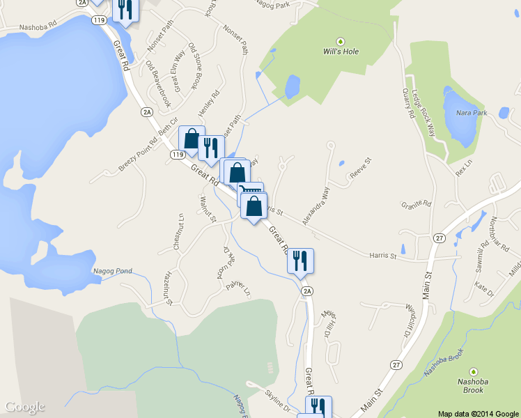 map of restaurants, bars, coffee shops, grocery stores, and more near 457 Great Road in Acton