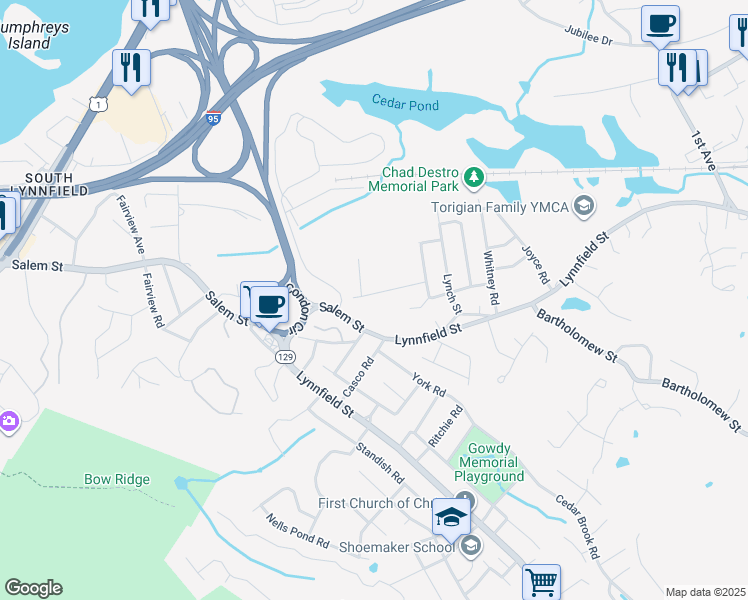 map of restaurants, bars, coffee shops, grocery stores, and more near 12 Leonard Road in Peabody