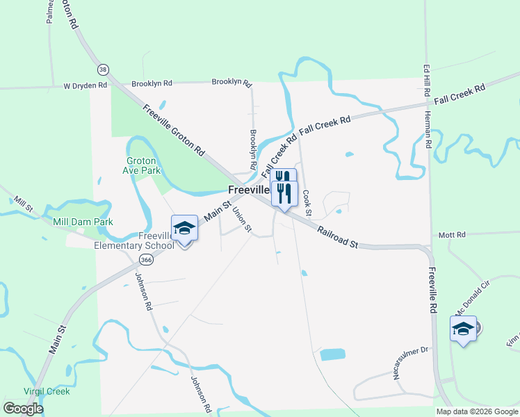 map of restaurants, bars, coffee shops, grocery stores, and more near 8 Railroad Street in Freeville