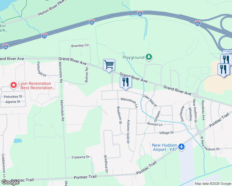map of restaurants, bars, coffee shops, grocery stores, and more near 57863 Cider Mill Drive in Lyon Charter Township
