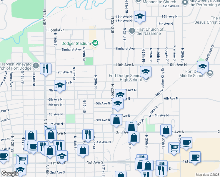 map of restaurants, bars, coffee shops, grocery stores, and more near 2120 7th Avenue North in Fort Dodge