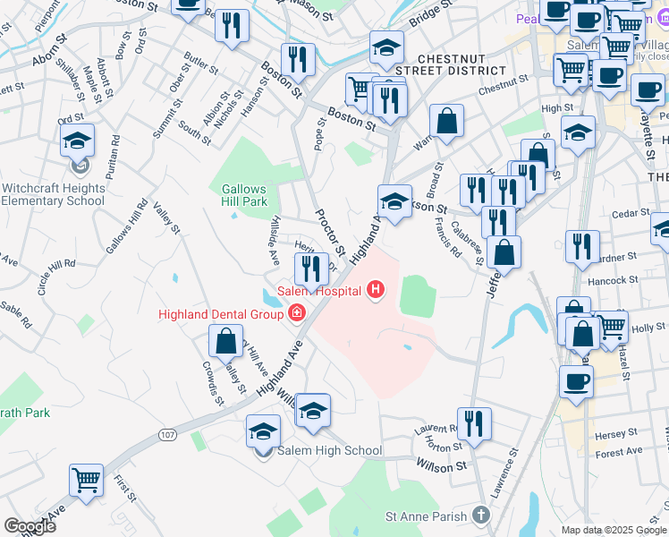 map of restaurants, bars, coffee shops, grocery stores, and more near 15 Heritage Drive in Salem